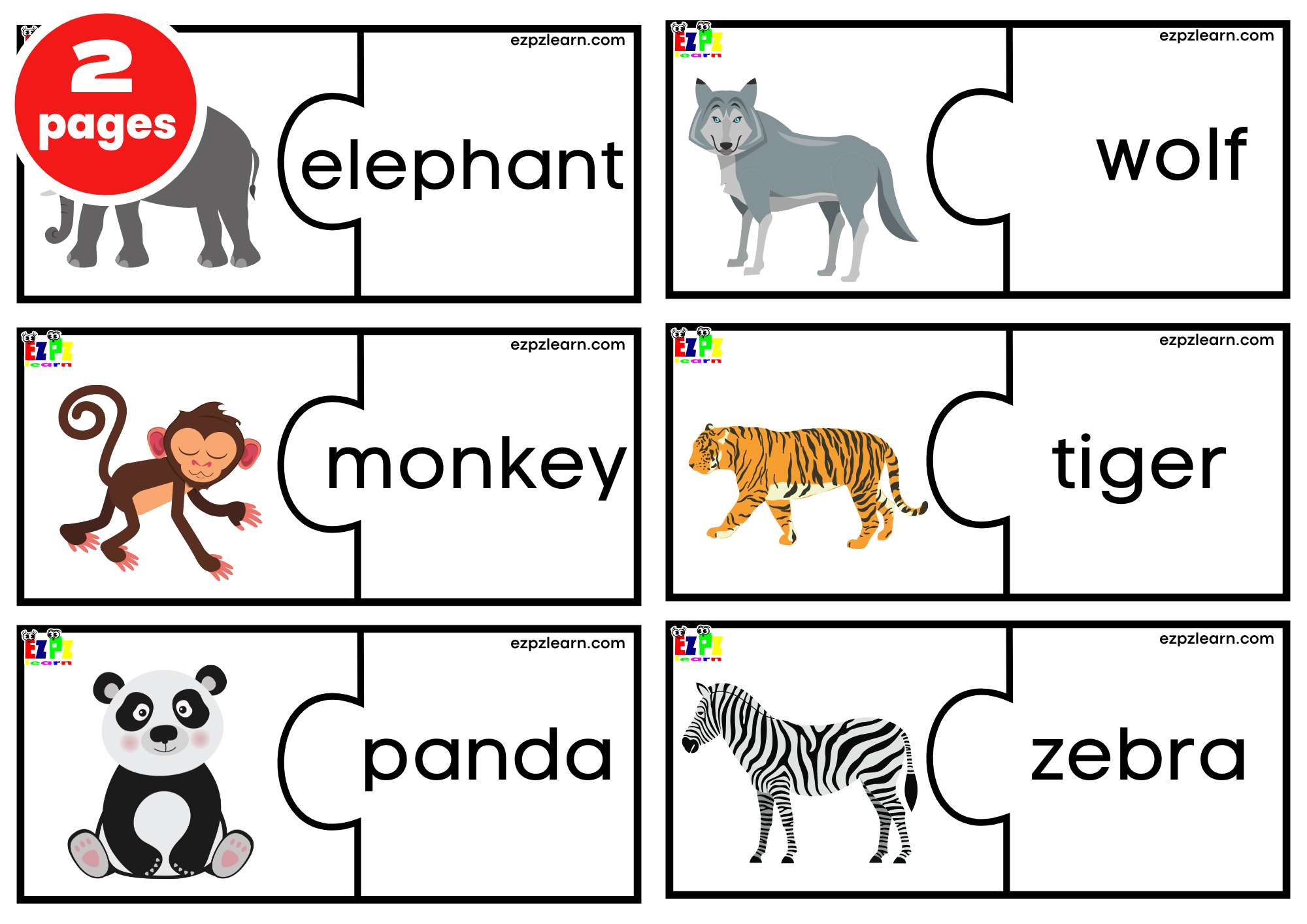 Wild Animals Puzzle Match Game. Large Size 6 Words per page. Free PDF Download